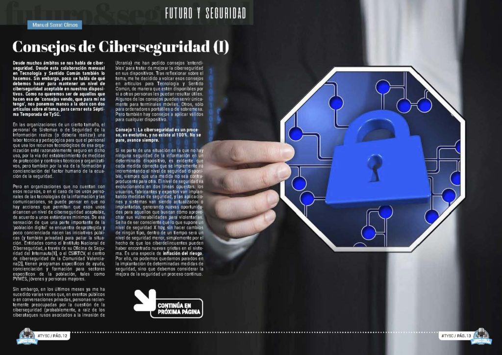 Artículo "Consejos de Ciberseguridad (I)" de Manuel Serrat en la Sección "Futuro y Seguridad" de la Revista Tecnología y Sentido Común #TYSC