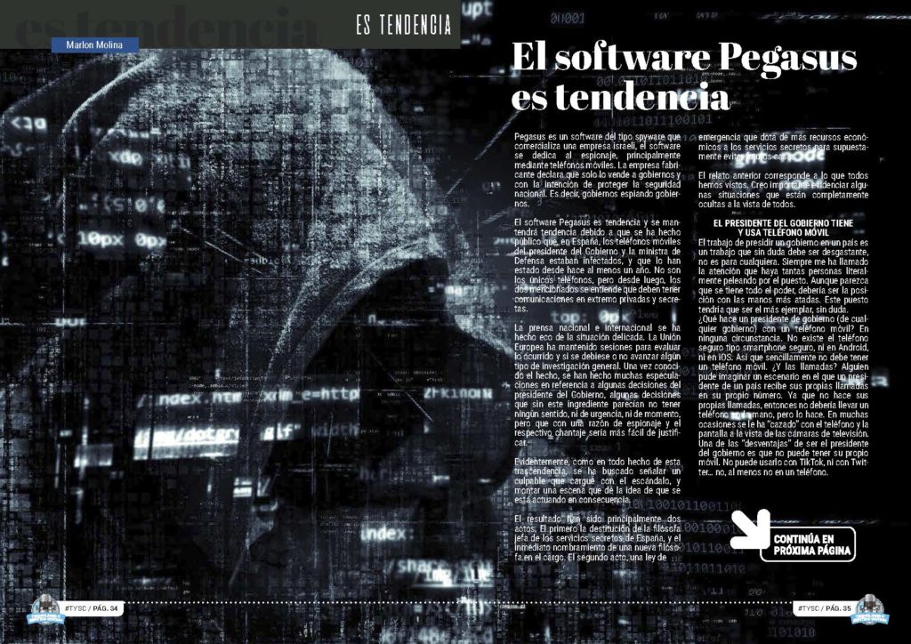 Artículo "El software Pegasus es tendencia " de Marlon Molina en la Sección "Es Tendencia" de la Revista Tecnología y Sentido Común #TYSC