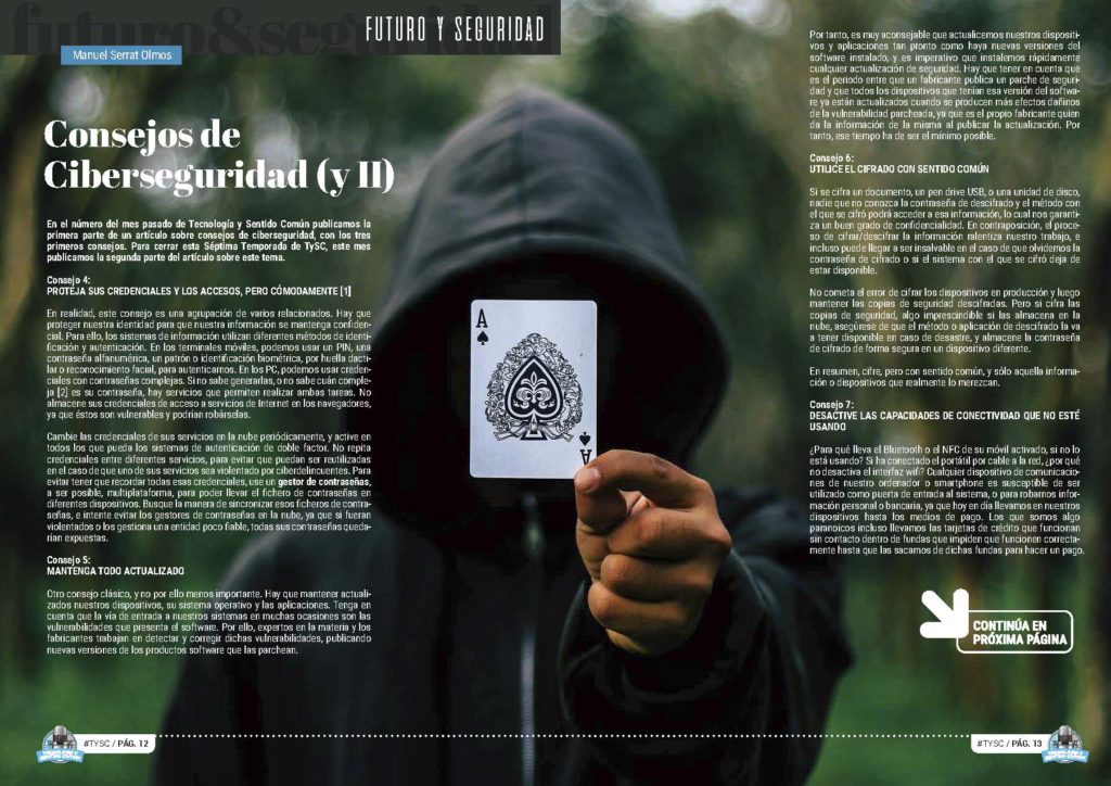 Artículo "Consejos de Ciberseguridad (y II)" de Manuel David Serrat Olmos en la Sección "Futuro y Seguridad" de la Revista Tecnología y Sentido Común #TYSC