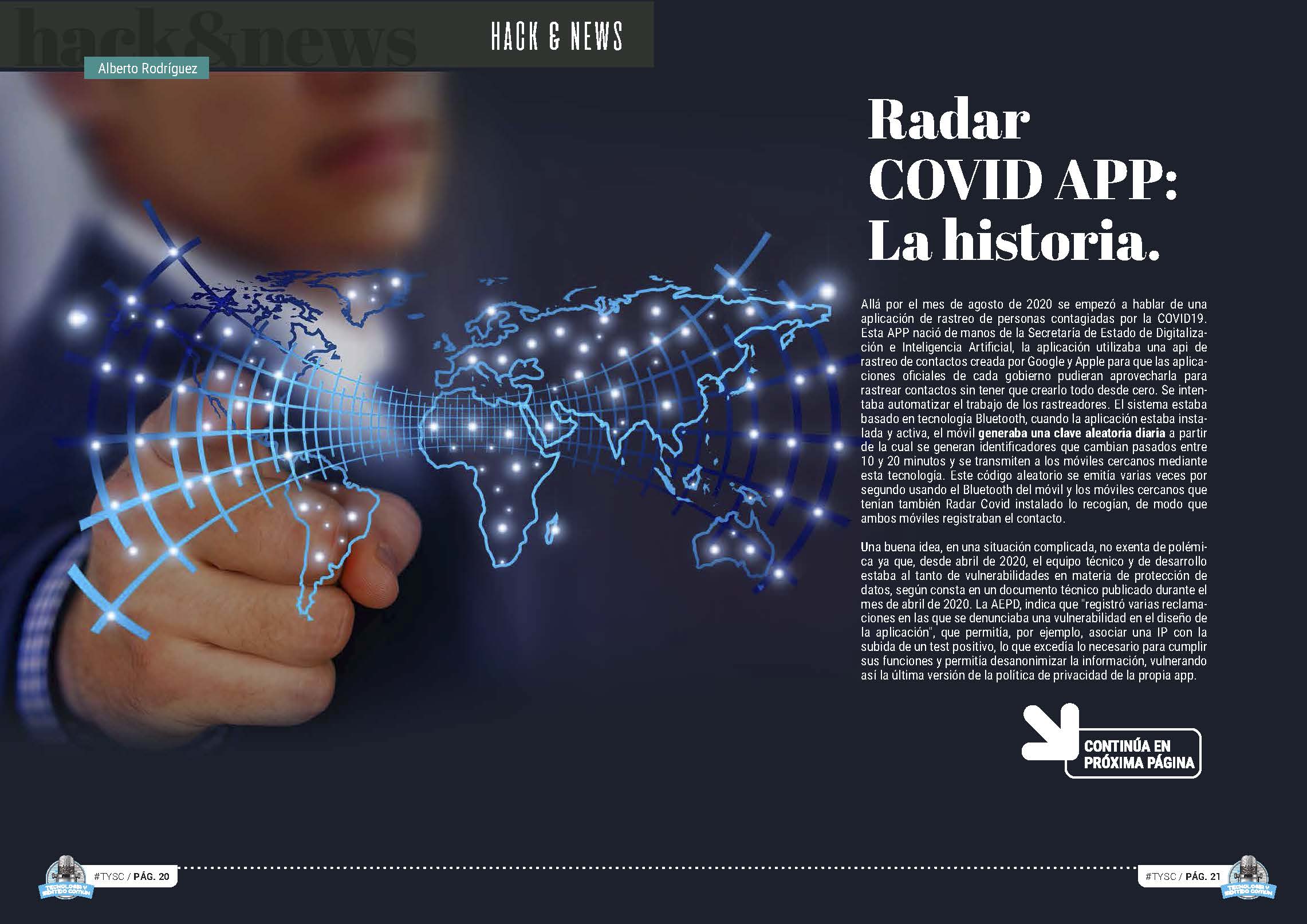 Artículo "Radar COVID APP: La historia" de Alberto Rodriguez en la Sección "Hack & News" de la Revista Tecnología y Sentido Común #TYSC
