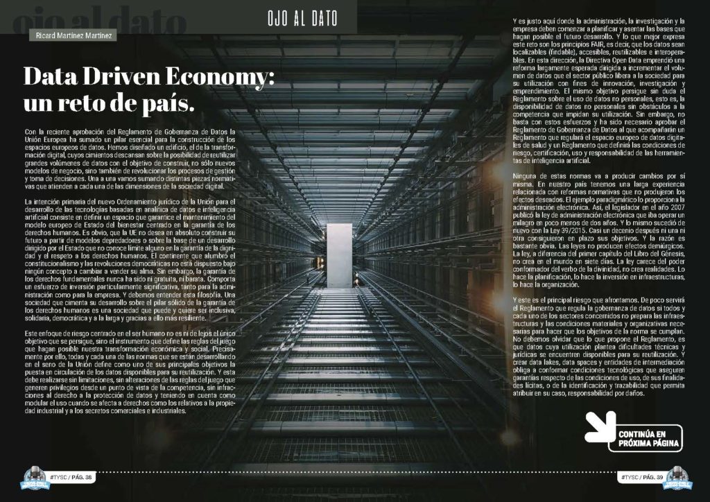 Artículo "Data Driven Economy: un reto de país" de Ricard Martínez Martínez en la Sección "Ojo Al Dato" de la Revista Tecnología y Sentido Común #TYSC