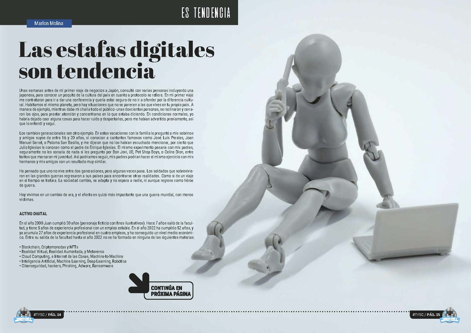 Articulo "Las estafas digitales son tendencia" de Marlon Molina en la Sección "Es Tendencia" de la Revista Tecnología y Sentido Común #TYSC