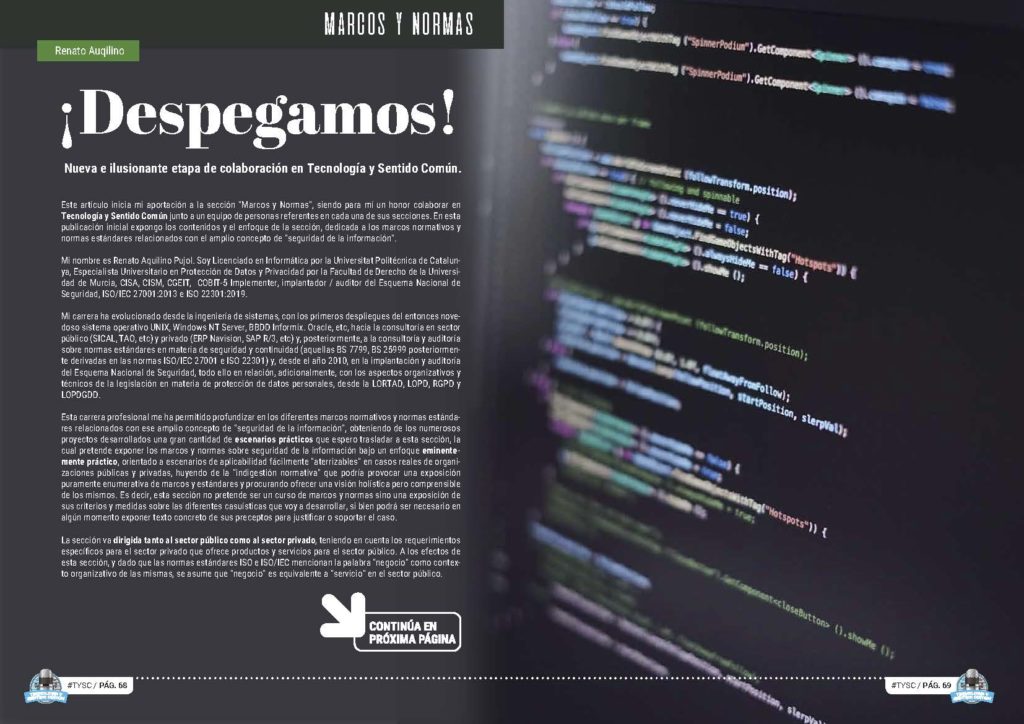 Articulo "¡Despegamos!" de Renato Aquilino Pujol en la Sección "Marcos y Normas" de la Revista Tecnología y Sentido Común