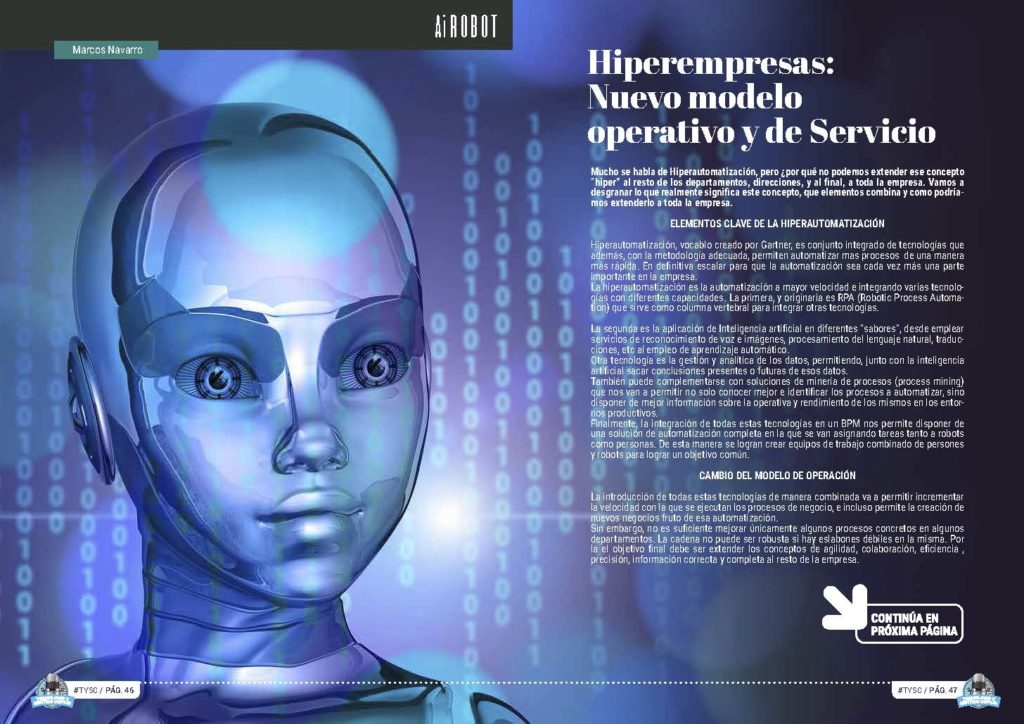 Artículo "Hiperempresas: Nuevo modelo operativo y de Servicio" de Marcos Navarro en la Sección "Ai Robot" de la Revista Tecnología y Sentido Común #TYSC23 de octubre de 2022
