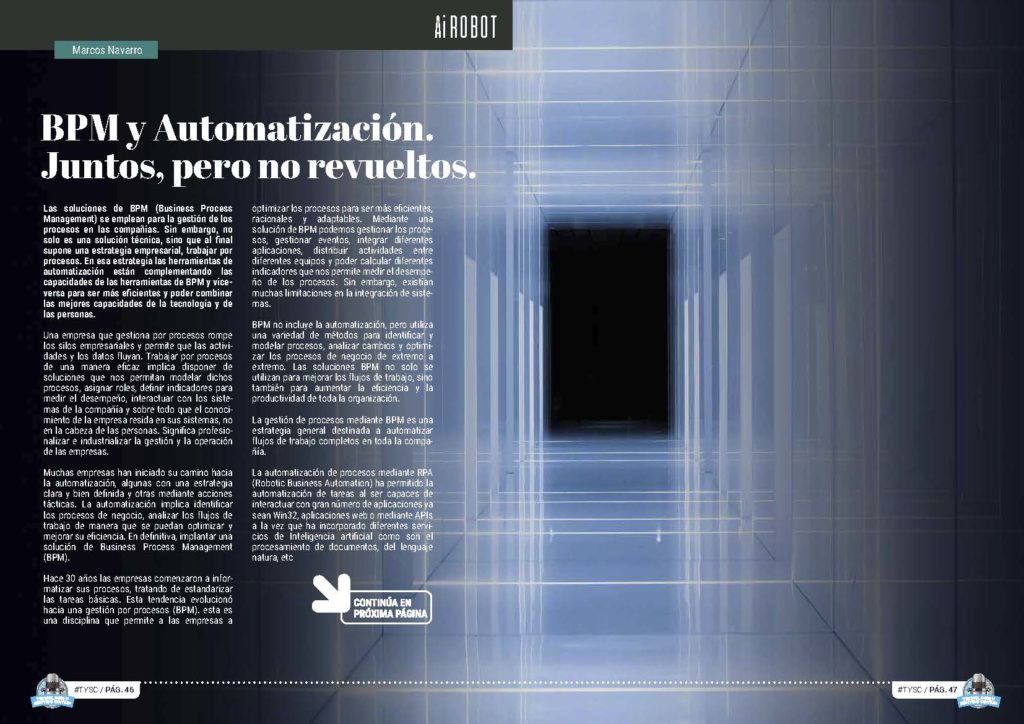 Artículo "BPM y Automatización. Juntos, pero no revueltos." de Marcos Navarro en la Sección "Ai Robot" de la Revista Tecnología y Sentido Común #TYSC24 de noviembre de 2022