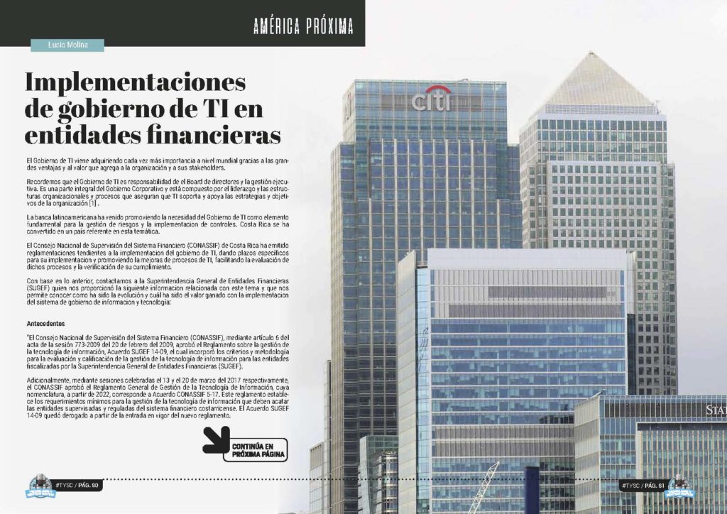 Artículo "Implementaciones de gobierno de TI en entidades financieras" de Lucio Molina Focazzio en la Sección "América Próxima" de la Revista Tecnología y Sentido Común #TYSC24 de noviembre de 2022