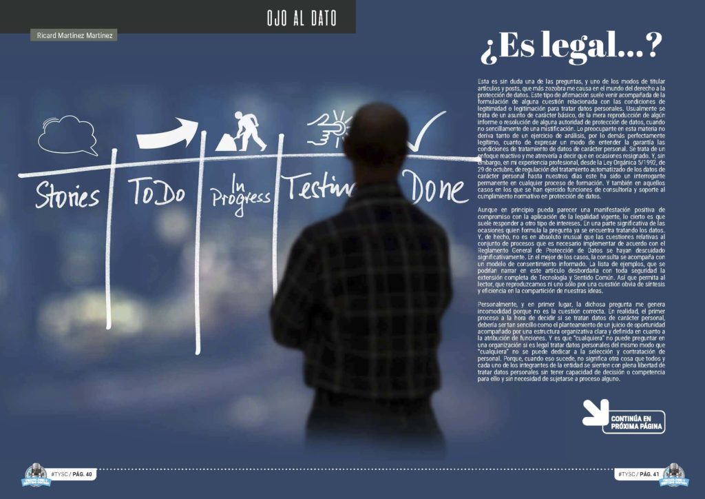 Artículo "¿Es legal…?" de Ricard Martínez en la Sección "Ojo Al Dato" de la Revista Tecnología y Sentido Común #TYSC25 de diciembre de 2022