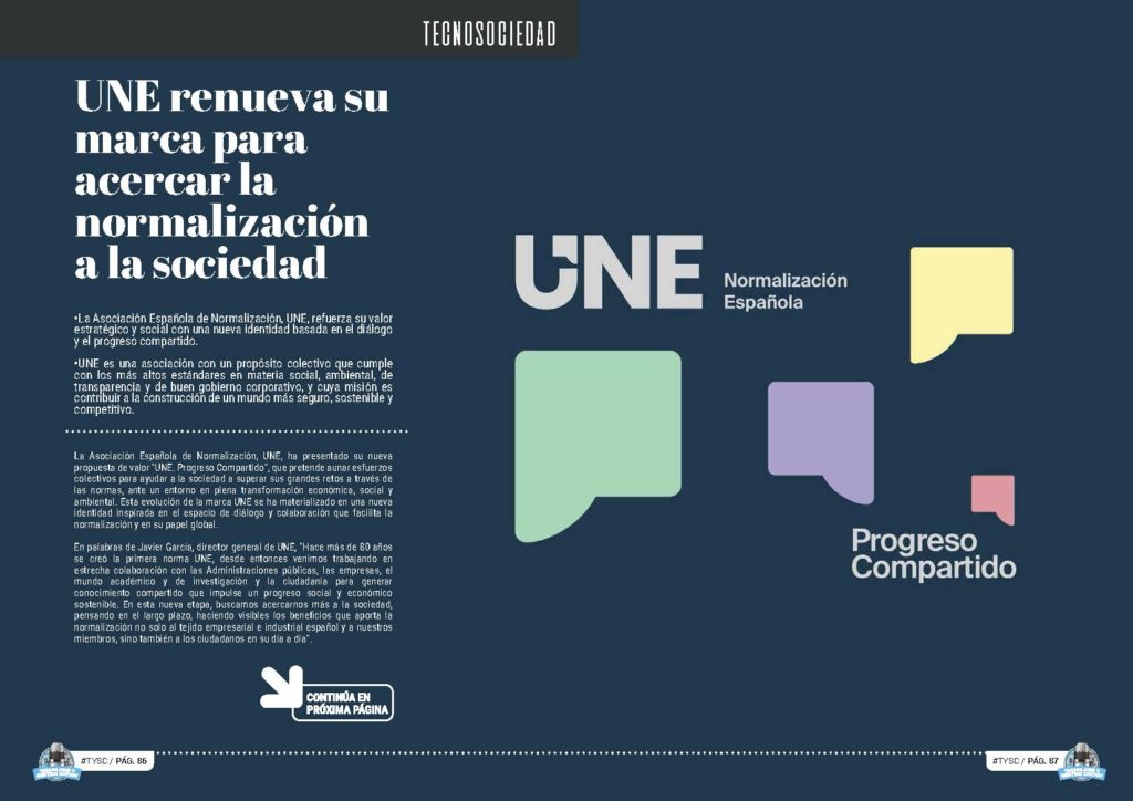 Artículo "UNE renueva su marca para acercar la normalización a la sociedad" de UNE Normalización Española en la Sección "TecnoSociedad" de la Revista Tecnología y Sentido Común #TYSC25 de diciembre de 2022