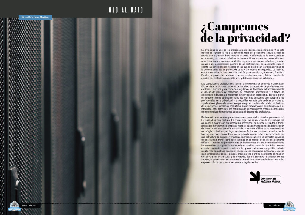 "¿Campeones de la Privacidad?" artículo de Ricard Martínez Martínez en la seccion "Ojo al Dato" de la edición de octubre de la Revista Mensual Tecnología y Sentido Común TYSC