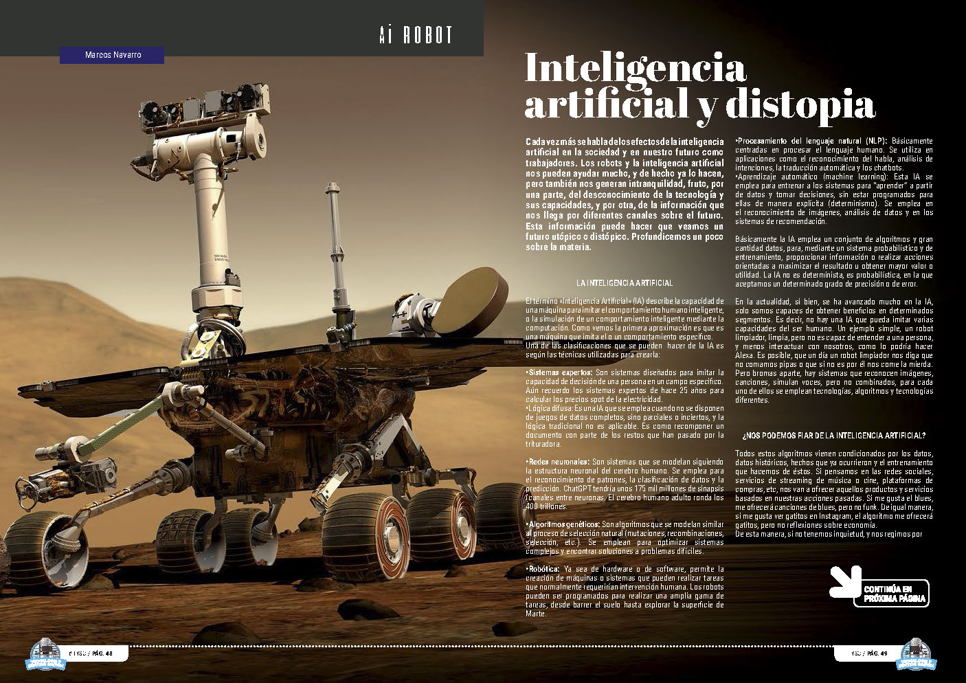 "Inteligencia artificial y distopia" artículo de Marcos Navarro en la seccion "Ai Robot" de la edición de octubre de la Revista Mensual Tecnología y Sentido Común TYSC