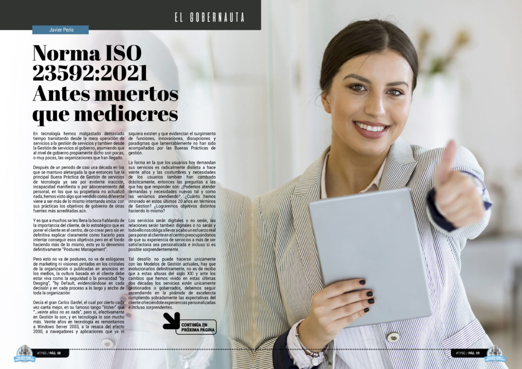 "Norma ISO 23592:2021 Antes muertos que mediocres." artículo de Javier Peris en la seccion "ElGobernauta" de la edición de noviembre de la Revista Mensual Tecnología y Sentido Común TYSC