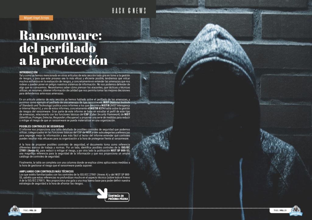 "Ransomware: Del perfilado a la protección" artículo de Miguel Ángel Arroyo Moreno en la seccion "Hack & News" de la edición de noviembre de la Revista Mensual Tecnología y Sentido Común TYSC