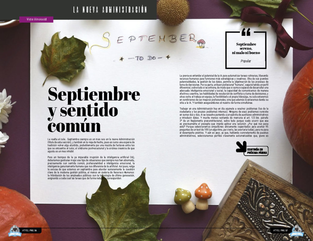 "Septiembre y sentido común" artículo de Victor Almonacid en la sección "La Nueva Administración" de la edición de Septiembre de 2024 de la Revista Tecnología y Sentido Común TYSC a Revista Líder de Audiencia de la Alta Dirección y los Profesionales en Gestión de Proyectos, Servicios, Procesos, Riesgos y por supuesto Gobierno de Tecnologías de la Información