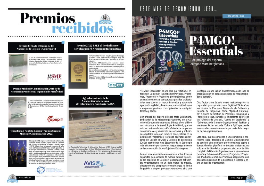 "P4MGO! Essentials" en la sección "Este mes Javier Peris te recomienda leer" de la edición de Noviembre de 2024 de la Revista Tecnología y Sentido Común TYSC a Revista Líder de Audiencia de la Alta Dirección y los Profesionales en Gestión de Proyectos, Servicios, Procesos, Riesgos y por supuesto Gobierno de Tecnologías de la Información