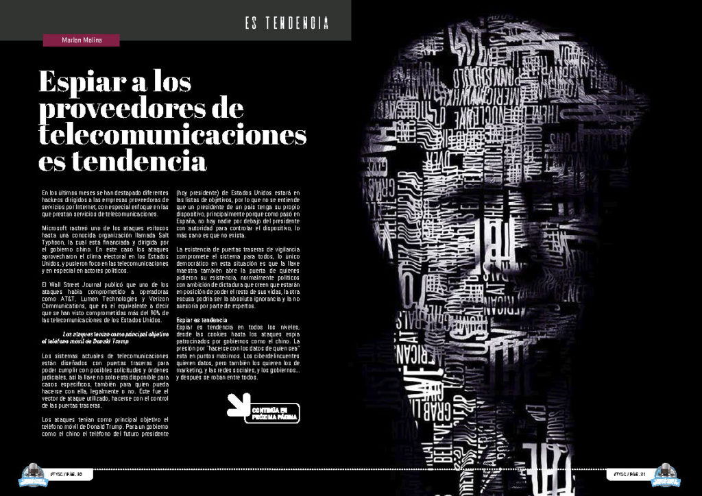 "Espiar a los proveedores de telecomunicaciones es tendencia" artículo de Marlon Molina en la sección "Es Tendencia" de la edición de Diciembre de 2024 de la Revista Tecnología y Sentido Común TYSC a Revista Líder de Audiencia de la Alta Dirección y los Profesionales en Gestión de Proyectos, Servicios, Procesos, Riesgos y por supuesto Gobierno de Tecnologías de la Información