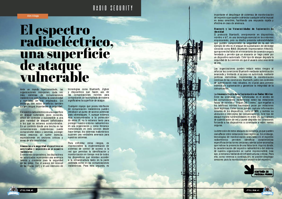 "El espectro radioeléctrico, una superficie de ataque vulnerable" artículo de Alejandro Aliaga Casanova en la sección "Radio Security" de la edición de Diciembre de 2024 de la Revista Tecnología y Sentido Común TYSC a Revista Líder de Audiencia de la Alta Dirección y los Profesionales en Gestión de Proyectos, Servicios, Procesos, Riesgos y por supuesto Gobierno de Tecnologías de la Información