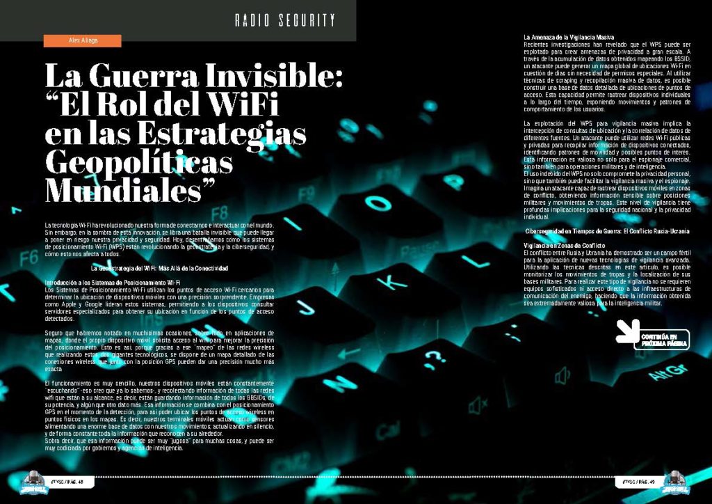 "La Guerra Invisible: “El Rol del WiFi en las Estrategias Geopolíticas Mundiales”" artículo de Alejandro aliaga Casanova en la sección "radio Security" de la edición de Enero de 2025 de la Revista Tecnología y Sentido Común TYSC a Revista Líder de Audiencia de la Alta Dirección y los Profesionales en Gestión de Proyectos, Servicios, Procesos, Riesgos y por supuesto Gobierno de Tecnologías de la Información