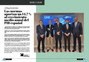 "Las normas aportan un 14,7 % al crecimiento medio anual del PIB español" artículo de UNE Normalización Española en la sección "Normalización" de la edición de septiembre de 2025 de la Revista Tecnología y Sentido Común TYSC a Revista Líder de Audiencia de la Alta Dirección y los Profesionales en Gestión de Proyectos, Servicios, Procesos, Riesgos y por supuesto Gobierno de Tecnologías de la Información