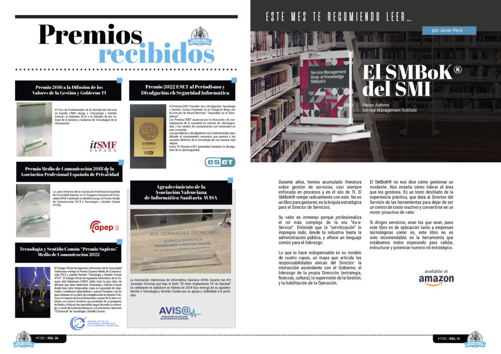 "SMBoK® del SMI" Libro Recomendado en la sección "Este mes te recomiendo leer" de la edición de septiembre de 2025 de la Revista Tecnología y Sentido Común TYSC a Revista Líder de Audiencia de la Alta Dirección y los Profesionales en Gestión de Proyectos, Servicios, Procesos, Riesgos y por supuesto Gobierno de Tecnologías de la Información