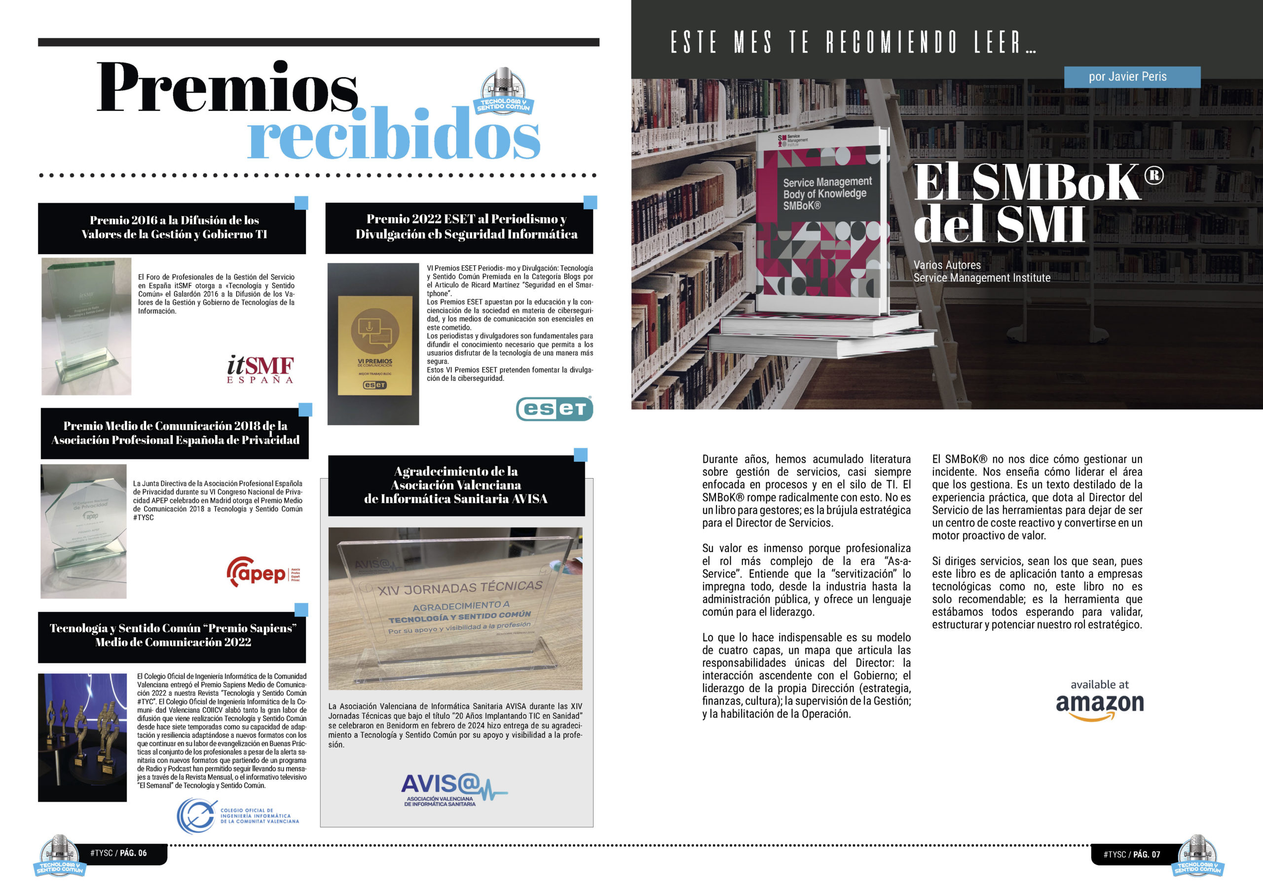 "SMBoK® del SMI" Libro Recomendado en la sección "Este mes te recomiendo leer" de la edición de septiembre de 2025 de la Revista Tecnología y Sentido Común TYSC a Revista Líder de Audiencia de la Alta Dirección y los Profesionales en Gestión de Proyectos, Servicios, Procesos, Riesgos y por supuesto Gobierno de Tecnologías de la Información