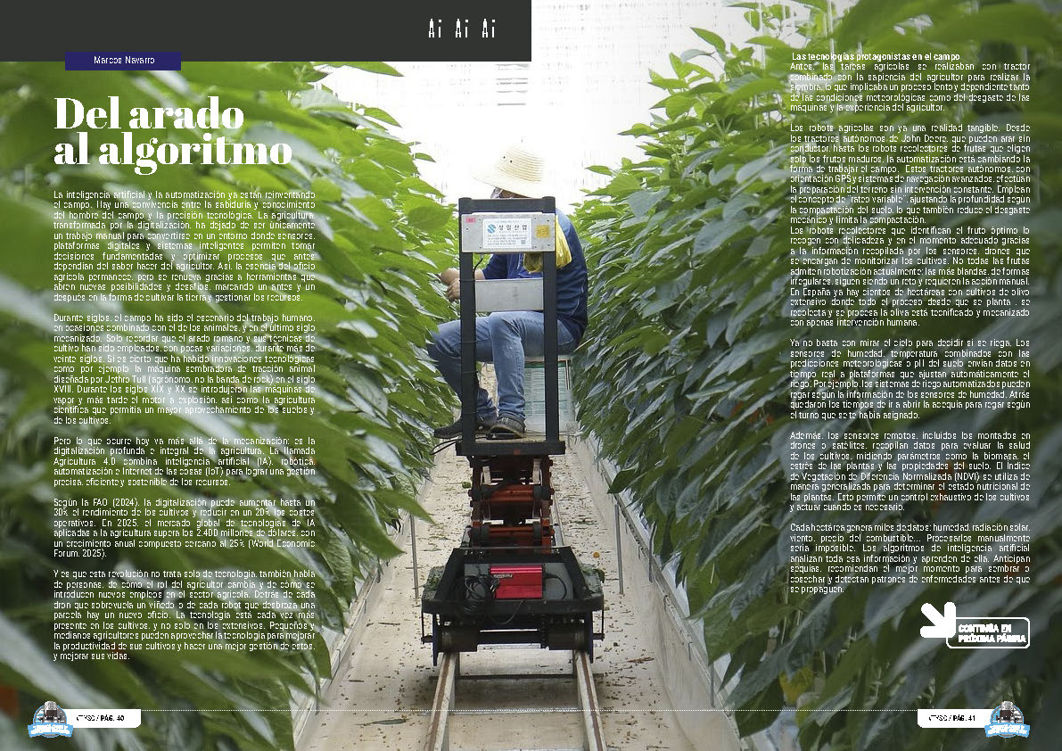 "Del arado al algoritmo" artículo de Marcos Navarro Alcaraz en la sección "Ai Ai Ai" de la edición de noviembre de 2025 de la Revista Tecnología y Sentido Común TYSC a Revista Líder de Audiencia de la Alta Dirección y los Profesionales en Gestión de Proyectos, Servicios, Procesos, Riesgos y por supuesto Gobierno de Tecnologías de la Información