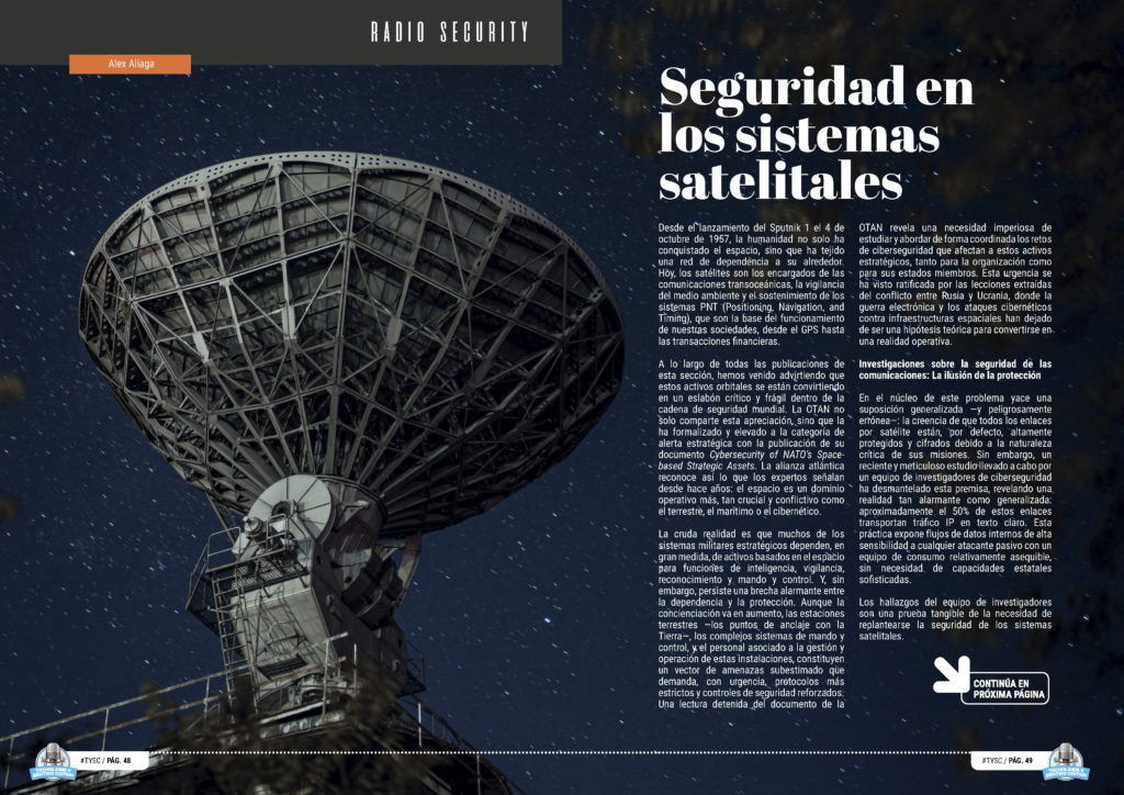"Seguridad en los sistemas satelitales" artículo de Alejandro Aliaga Casanova en la sección "Radio Security" de la edición de noviembre de 2025 de la Revista Tecnología y Sentido Común TYSC a Revista Líder de Audiencia de la Alta Dirección y los Profesionales en Gestión de Proyectos, Servicios, Procesos, Riesgos y por supuesto Gobierno de Tecnologías de la Información