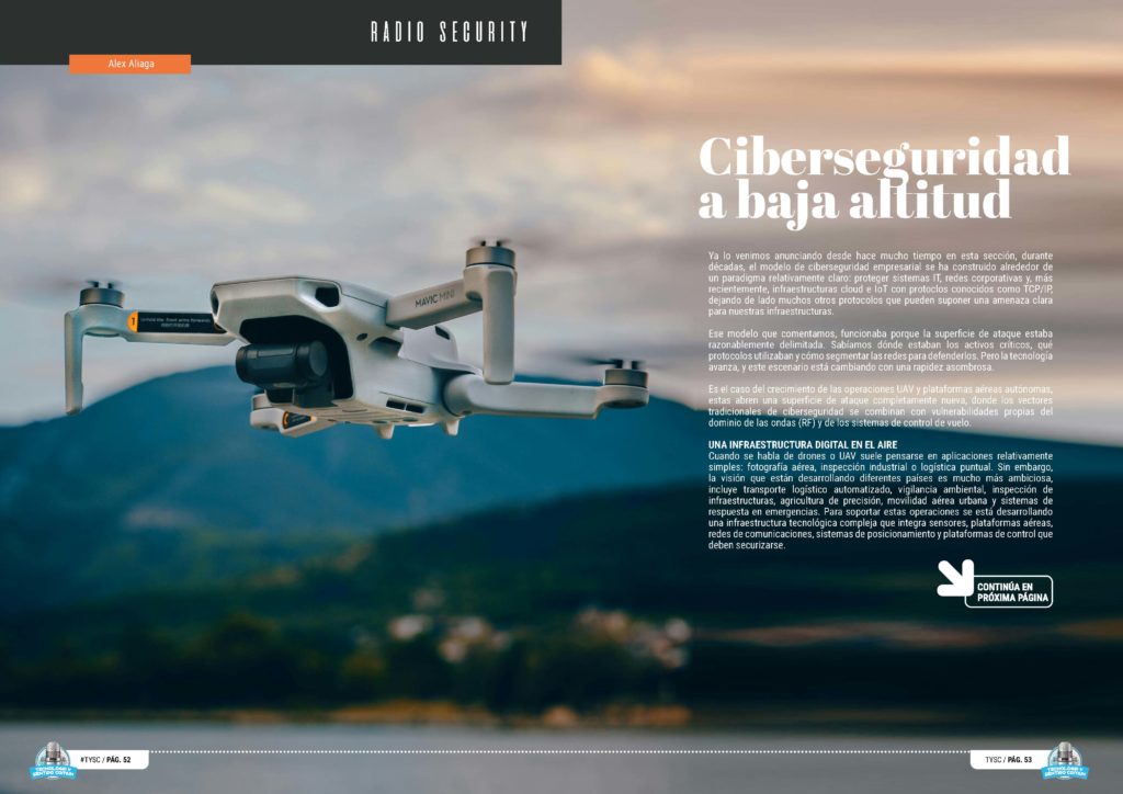 "Ciberseguridad a baja altitud" artículo de "Alex Aliaga" en la sección "Radio Security" de la edición de Abril de 2025 de la Revista Tecnología y Sentido Común TYSC a Revista Líder de Audiencia de la Alta Dirección y los Profesionales en Gestión de Proyectos, Servicios, Procesos, Riesgos y por supuesto Gobierno de Tecnologías de la Información