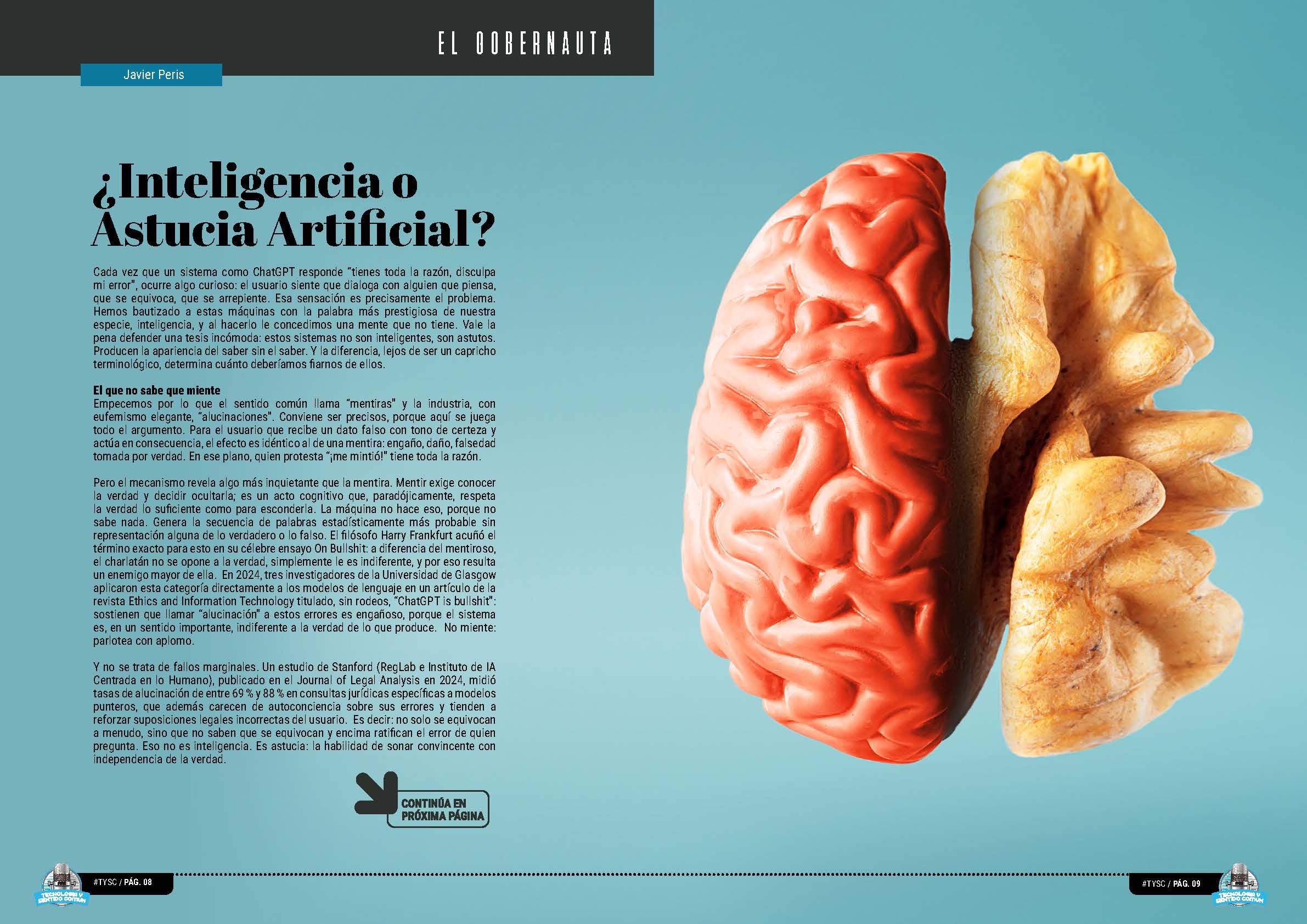 "¿Inteligencia o Astucia Artificial?" artículo de Javier Peris en la sección "El Gobernauta" de la edición de junio de 2026 de la Revista Tecnología y Sentido Común TYSC a Revista Líder de Audiencia de la Alta Dirección y los Profesionales en Gestión de Proyectos, Servicios, Procesos, Riesgos y por supuesto Gobierno de Tecnologías de la Información